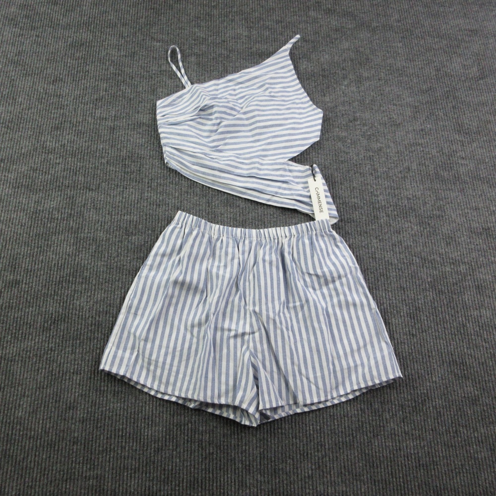 COMMENSE Outfit Set Womens M Blue White Striped Tank Shorts 2 Piece NWT